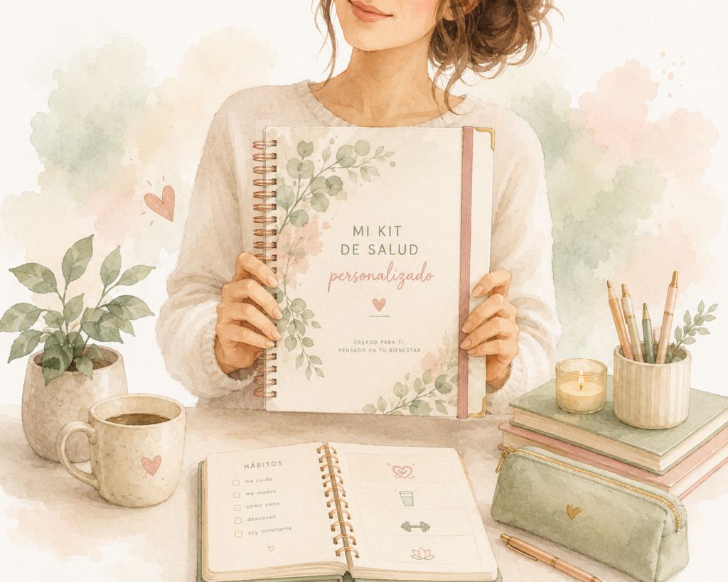 Mujer mostrando el kit de salud personalziado que hizo